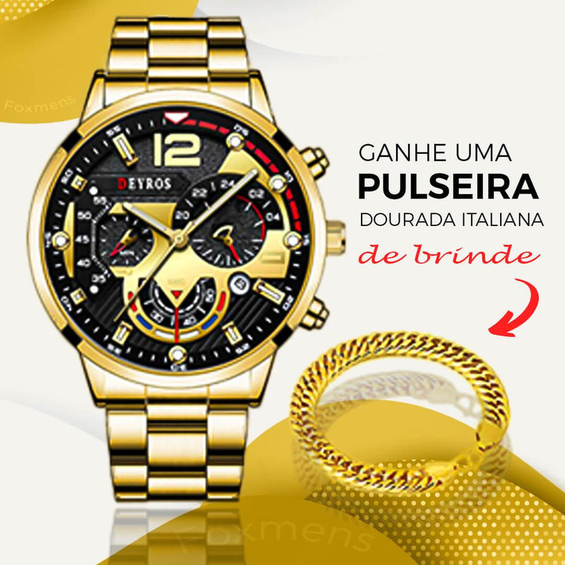 Relógio Masculino Piloto + Pulseira Dourada - FOXMENS